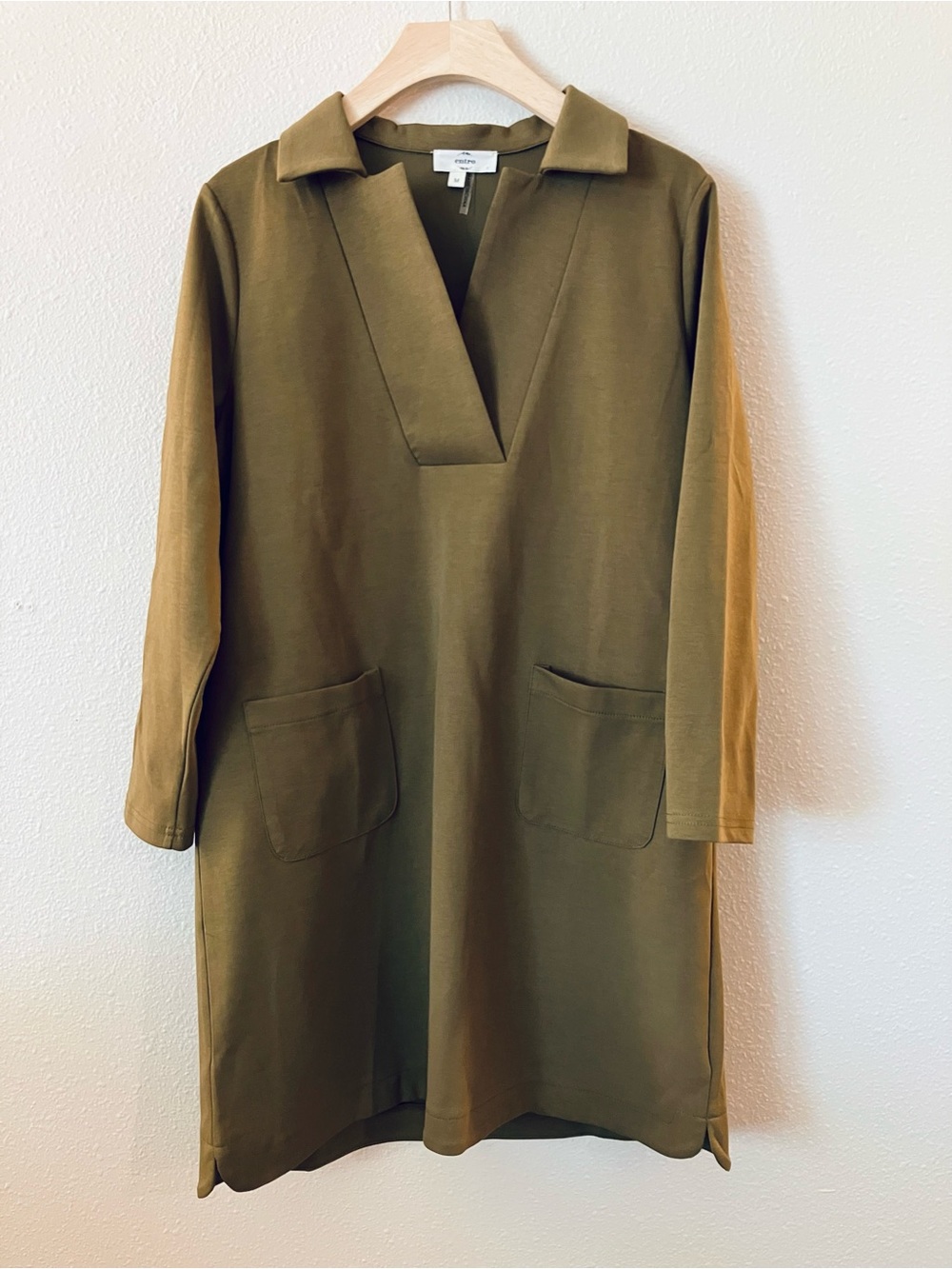 ENTRO Phoebe Vneck Knit Mini Longsleeve Dress Medium Olive Green - Picture 2 of 11